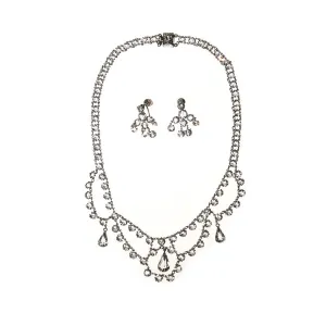 Art Deco Bezel Set Crystal Necklace and Earring Set, White Gold Filled, Demi Parure, Screw Back Earrings, Waterfall Bib Style