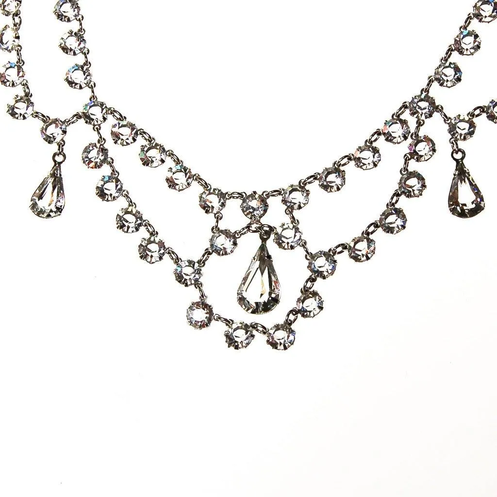 Art Deco Bezel Set Crystal Necklace and Earring Set, White Gold Filled, Demi Parure, Screw Back Earrings, Waterfall Bib Style