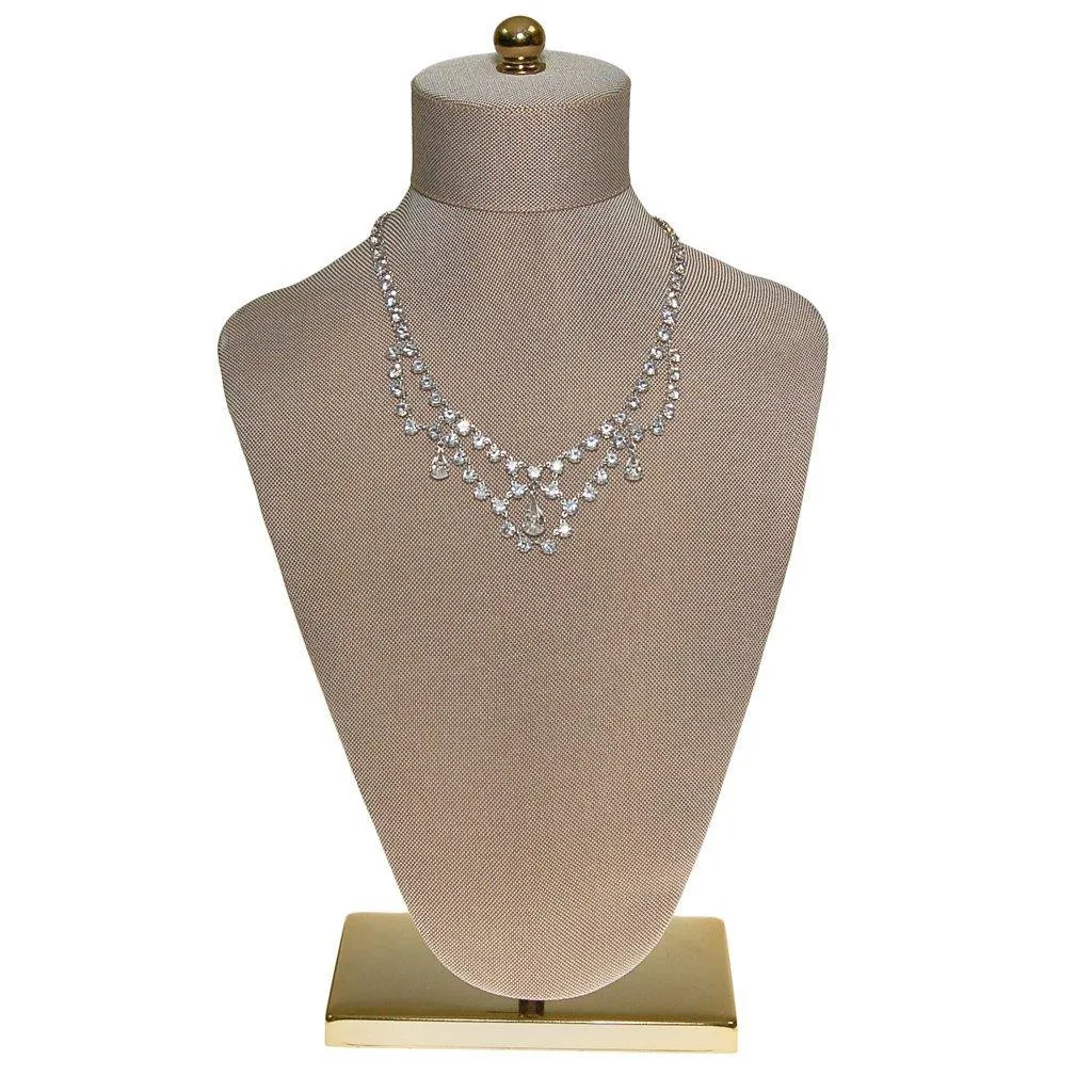 Art Deco Bezel Set Crystal Necklace and Earring Set, White Gold Filled, Demi Parure, Screw Back Earrings, Waterfall Bib Style