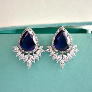 Art Deco White Gold Sapphire Teardrop Cubic Zirconia Wedding Stud Earrings. Blue Marquise Crystal Bridal Cluster Earrings. Blue Wedding.