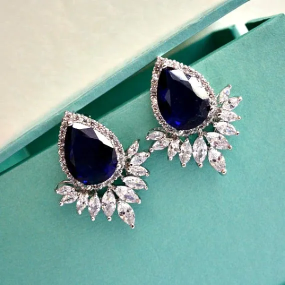 Art Deco White Gold Sapphire Teardrop Cubic Zirconia Wedding Stud Earrings. Blue Marquise Crystal Bridal Cluster Earrings. Blue Wedding.