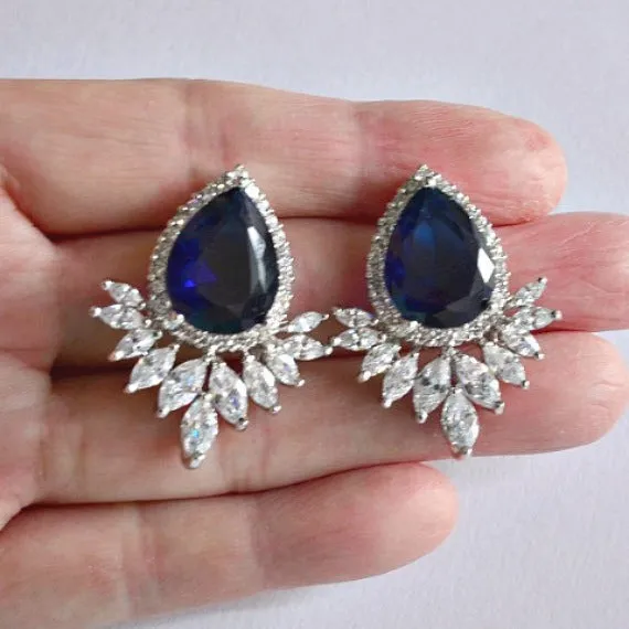 Art Deco White Gold Sapphire Teardrop Cubic Zirconia Wedding Stud Earrings. Blue Marquise Crystal Bridal Cluster Earrings. Blue Wedding.
