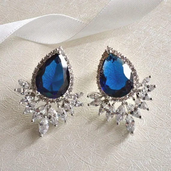 Art Deco White Gold Sapphire Teardrop Cubic Zirconia Wedding Stud Earrings. Blue Marquise Crystal Bridal Cluster Earrings. Blue Wedding.