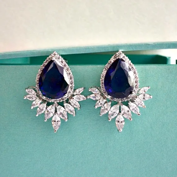 Art Deco White Gold Sapphire Teardrop Cubic Zirconia Wedding Stud Earrings. Blue Marquise Crystal Bridal Cluster Earrings. Blue Wedding.