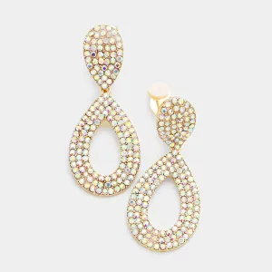 Aurora Borealis Pave Crystal Rhinestone Cut Out Teardrop Gold Clip on Earrings