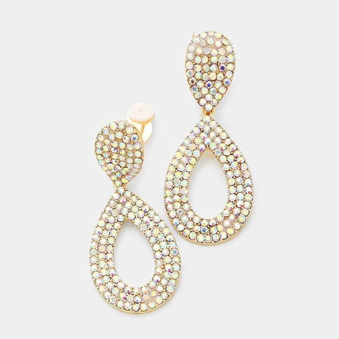 Aurora Borealis Pave Crystal Rhinestone Cut Out Teardrop Gold Clip on Earrings