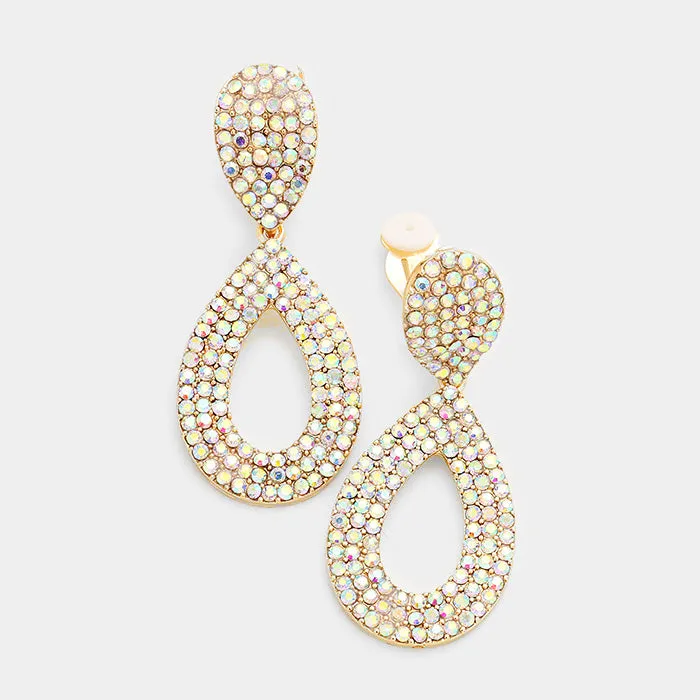 Aurora Borealis Pave Crystal Rhinestone Cut Out Teardrop Gold Clip on Earrings