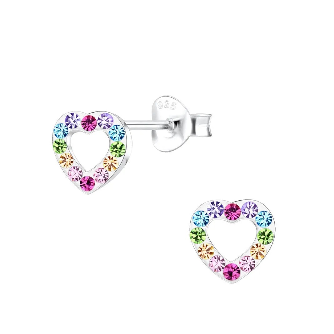 Baby and Children's Earrings:  Sterling Silver Pink, Lavender and White Crystal Open Hearts