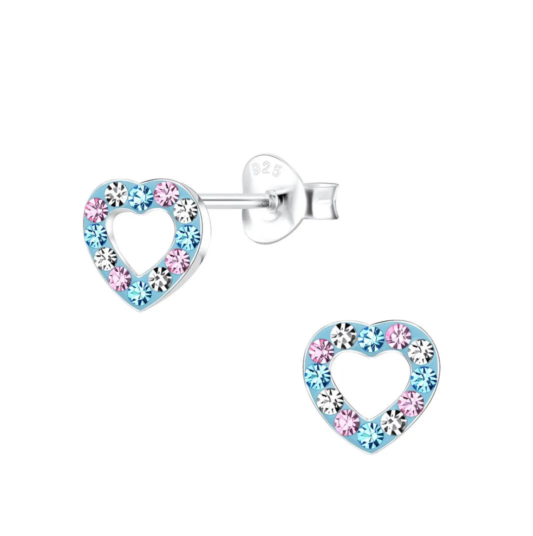 Baby and Children's Earrings:  Sterling Silver Pink, Lavender and White Crystal Open Hearts