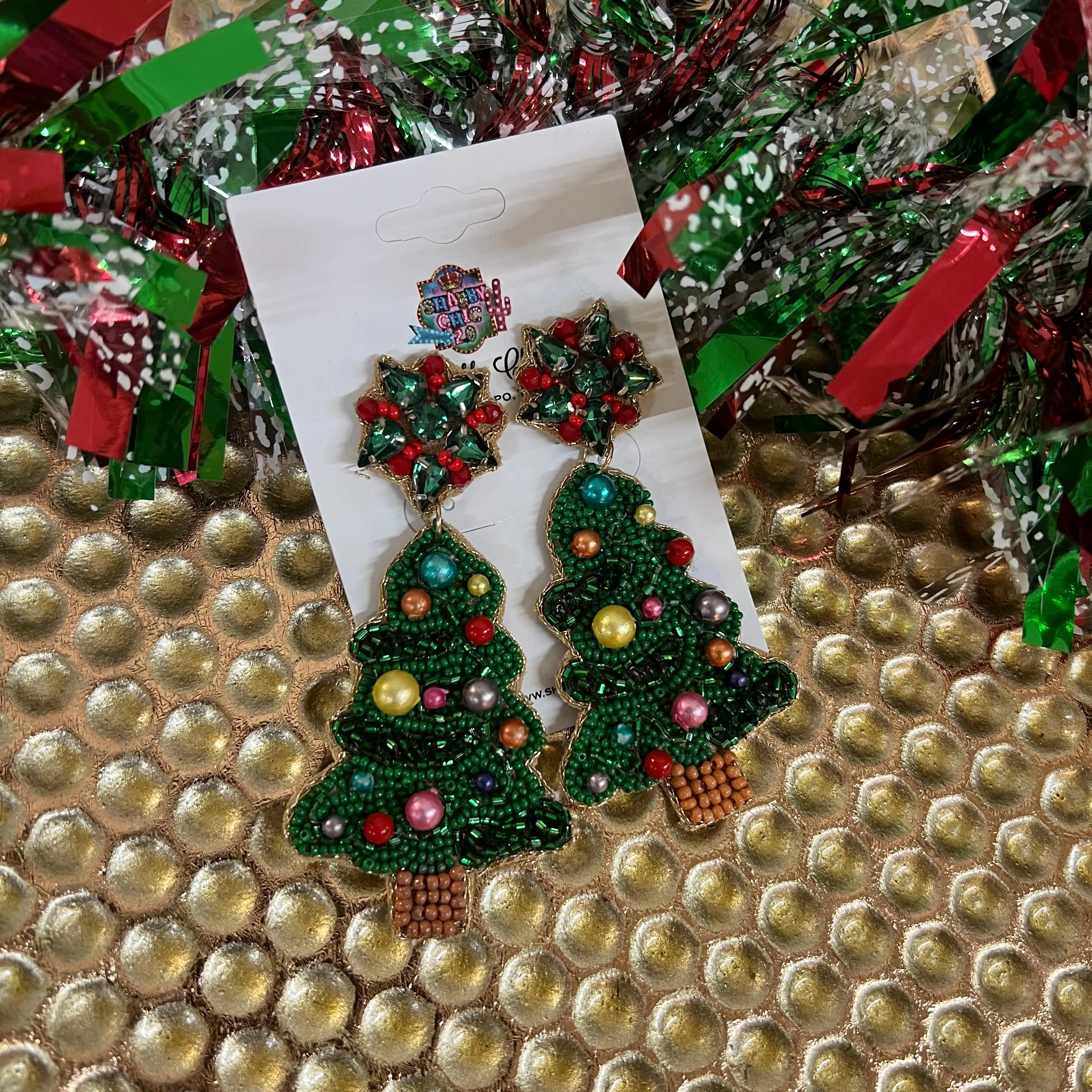 Beaded Christmas Tree with Pearl Earrings