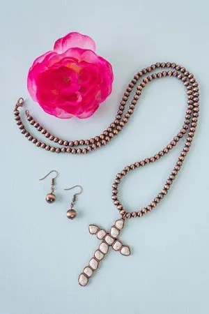 Beaded cross necklace and earring set; Ivory