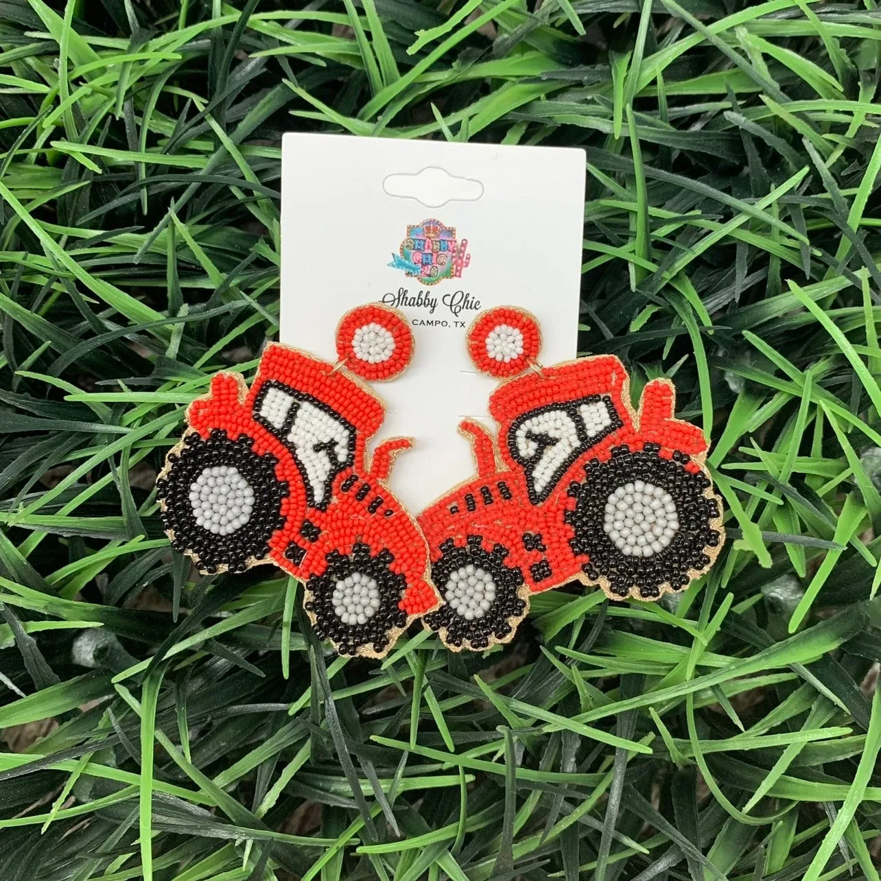 Beaded Red Tractor Earrings