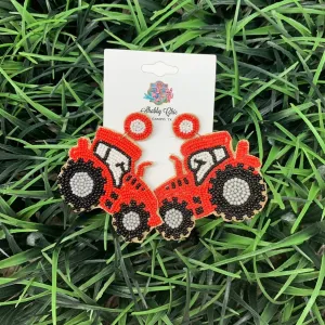 Beaded Red Tractor Earrings