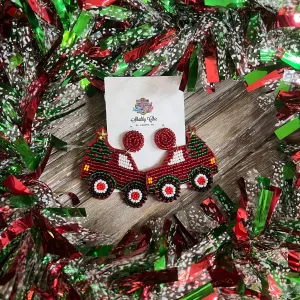 Beaded Red Truck with Tree Earrings