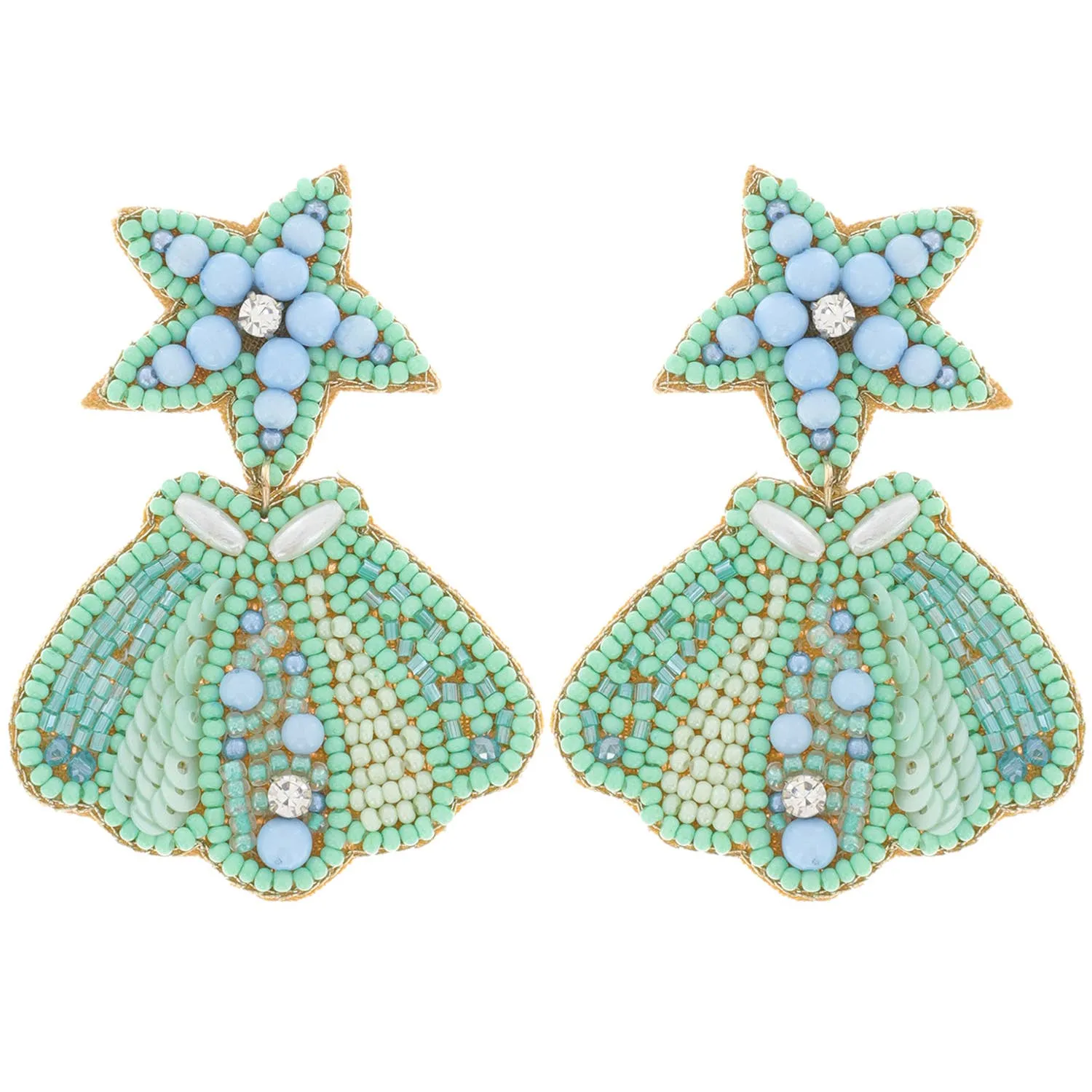 Beaded Starfish Post & Scalloped Sea Shell Dangle Earrings