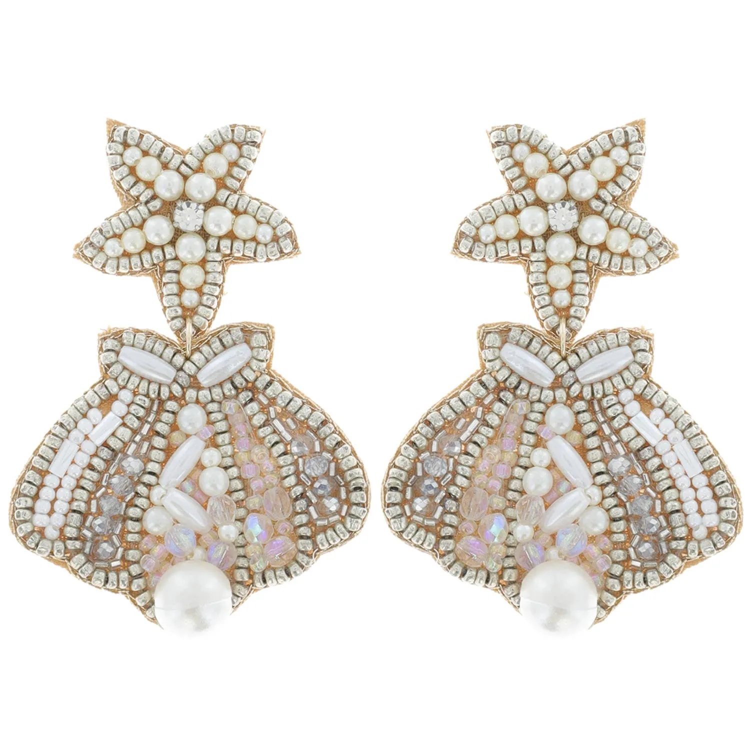 Beaded Starfish Post & Scalloped Sea Shell Dangle Earrings