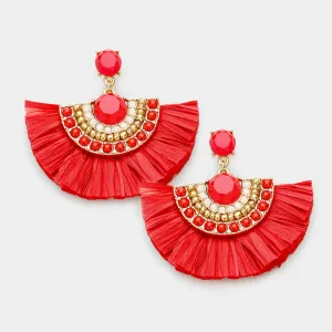Beautiful Round GO RED Bead Raffia Tassel Fringe Earrings