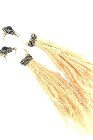 Beige Sterling Silver Feather Statement Earring with Crystals