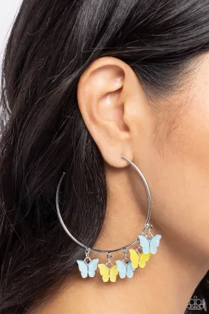 Bemusing Butterflies - Blue - and Yellow Butterfly Charm Paparazzi Hoop Earrings