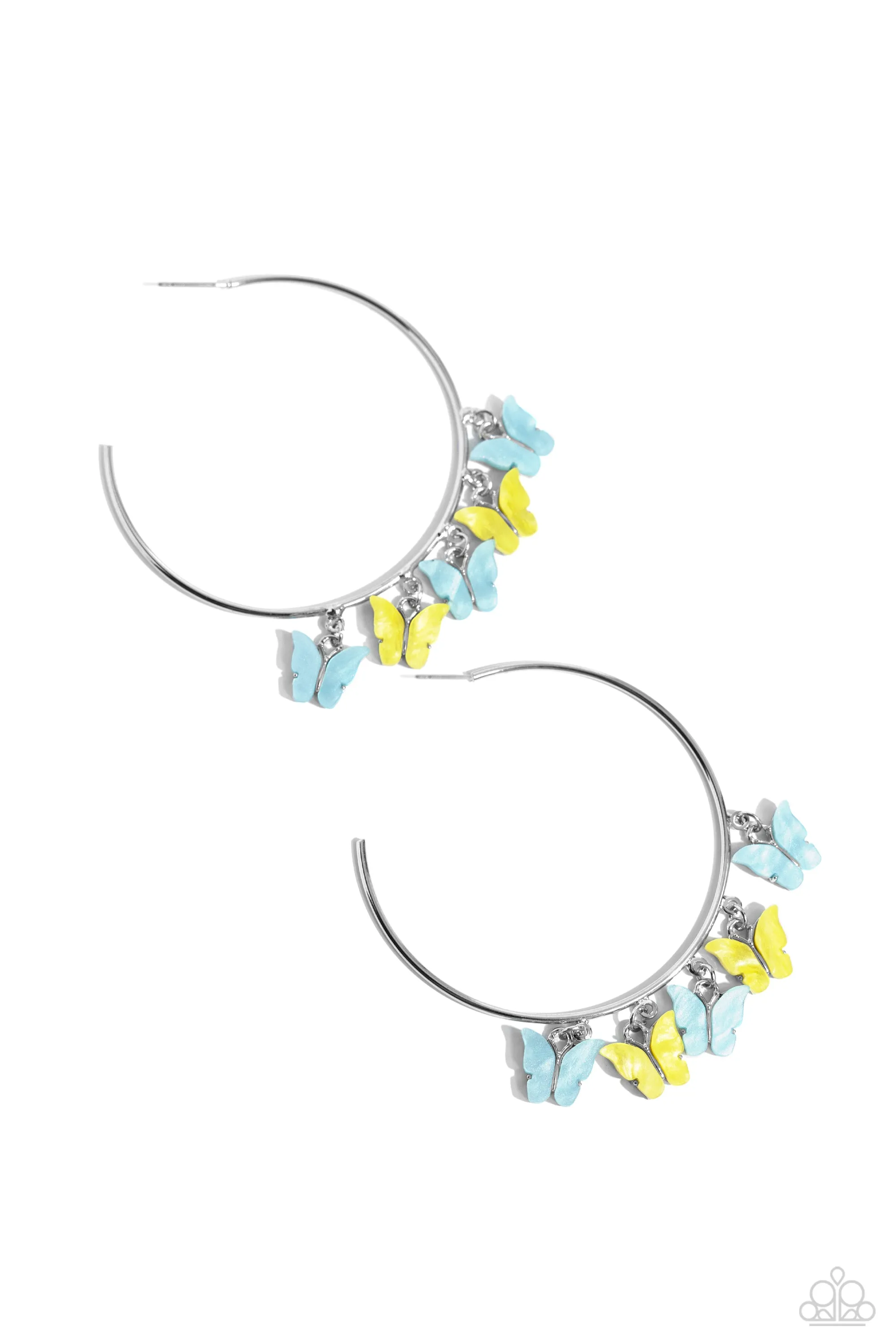 Bemusing Butterflies - Blue - and Yellow Butterfly Charm Paparazzi Hoop Earrings