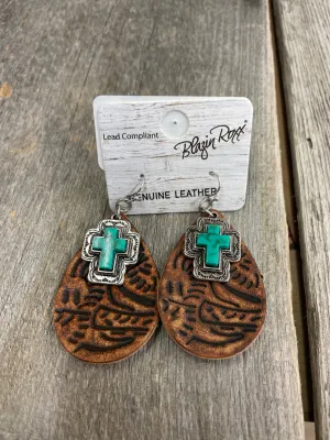 BG30967 Earrings- Genuine Leather W/Turquoise Cross
