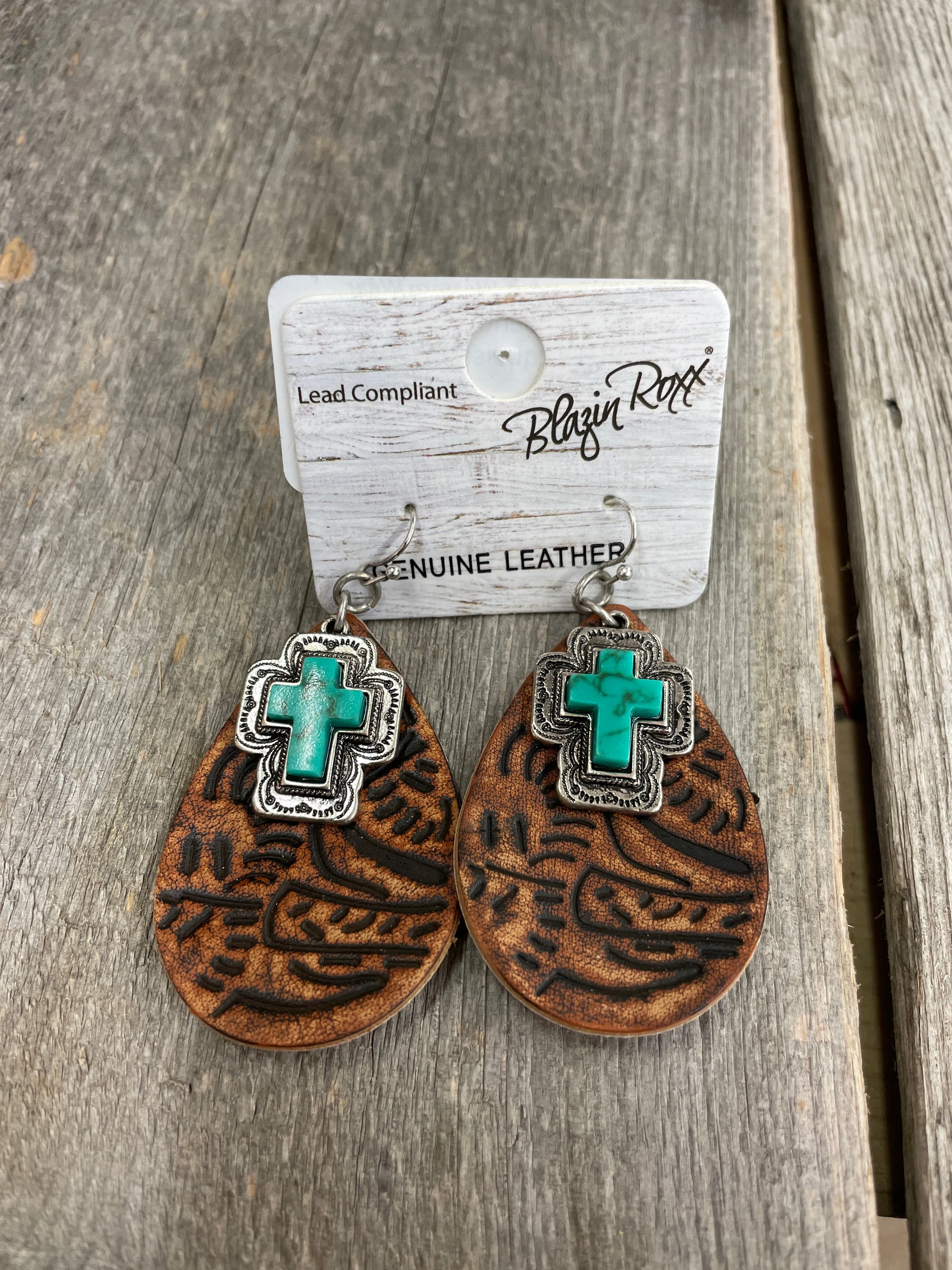 BG30967 Earrings- Genuine Leather W/Turquoise Cross