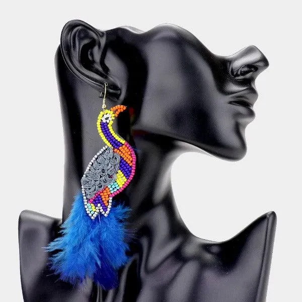 Bird Blue Multi-Color Seed Bead Feather Earrings