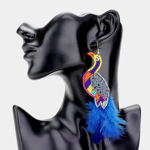 Bird Blue Multi-Color Seed Bead Feather Earrings