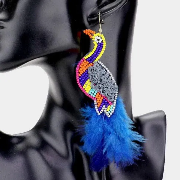 Bird Blue Multi-Color Seed Bead Feather Earrings