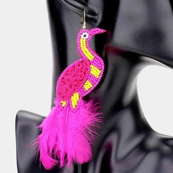 Bird Pink Seed Bead Feather Earrings