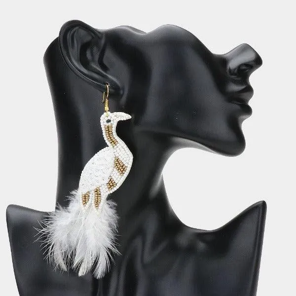 Bird White Seed Bead Feather Earrings
