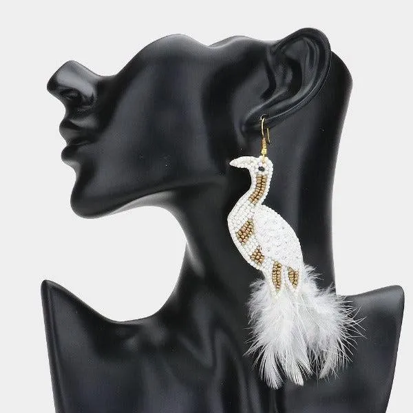 Bird White Seed Bead Feather Earrings