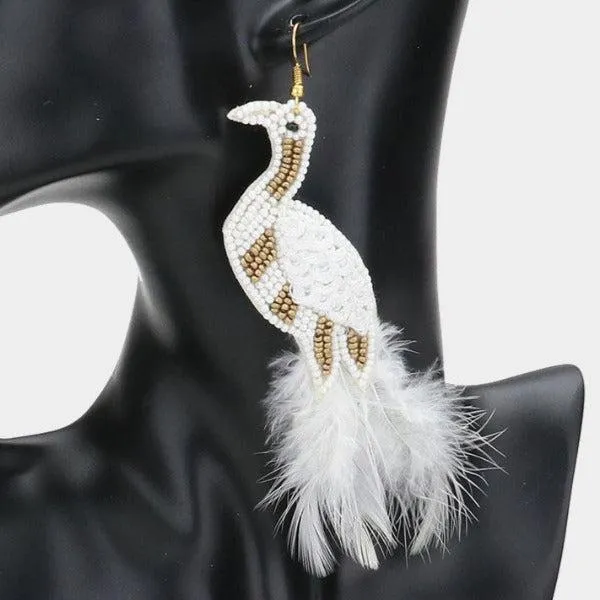 Bird White Seed Bead Feather Earrings