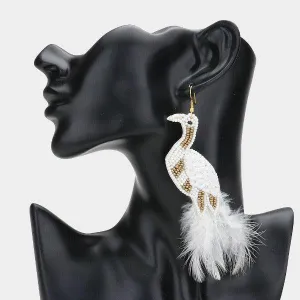 Bird White Seed Bead Feather Earrings