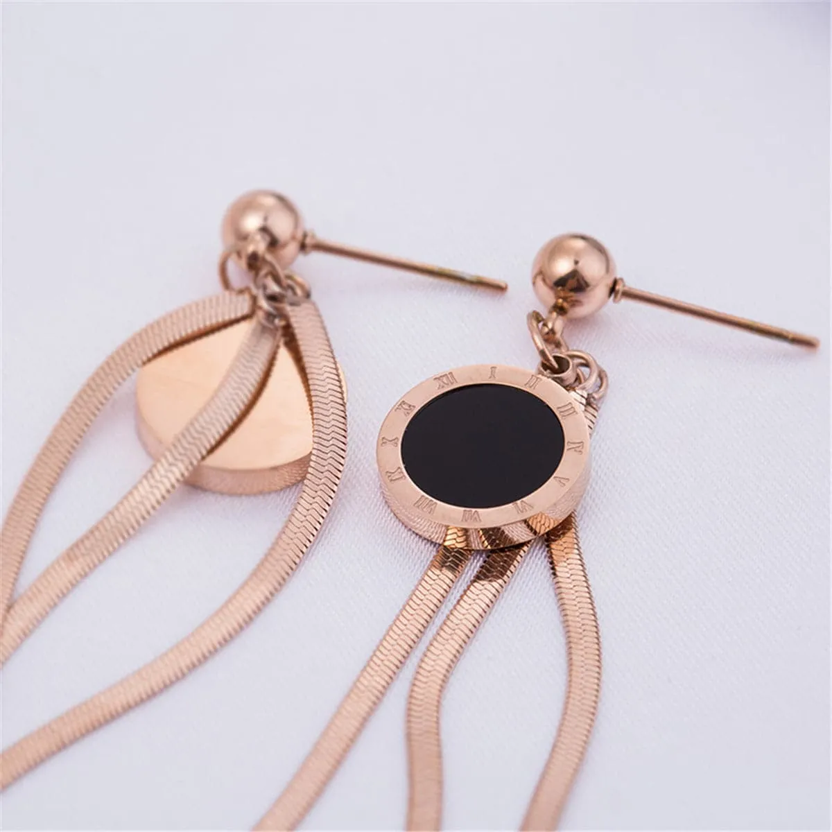 Black & 18K Rose Gold-Plated Roman Numeral Tassel Drop Earrings