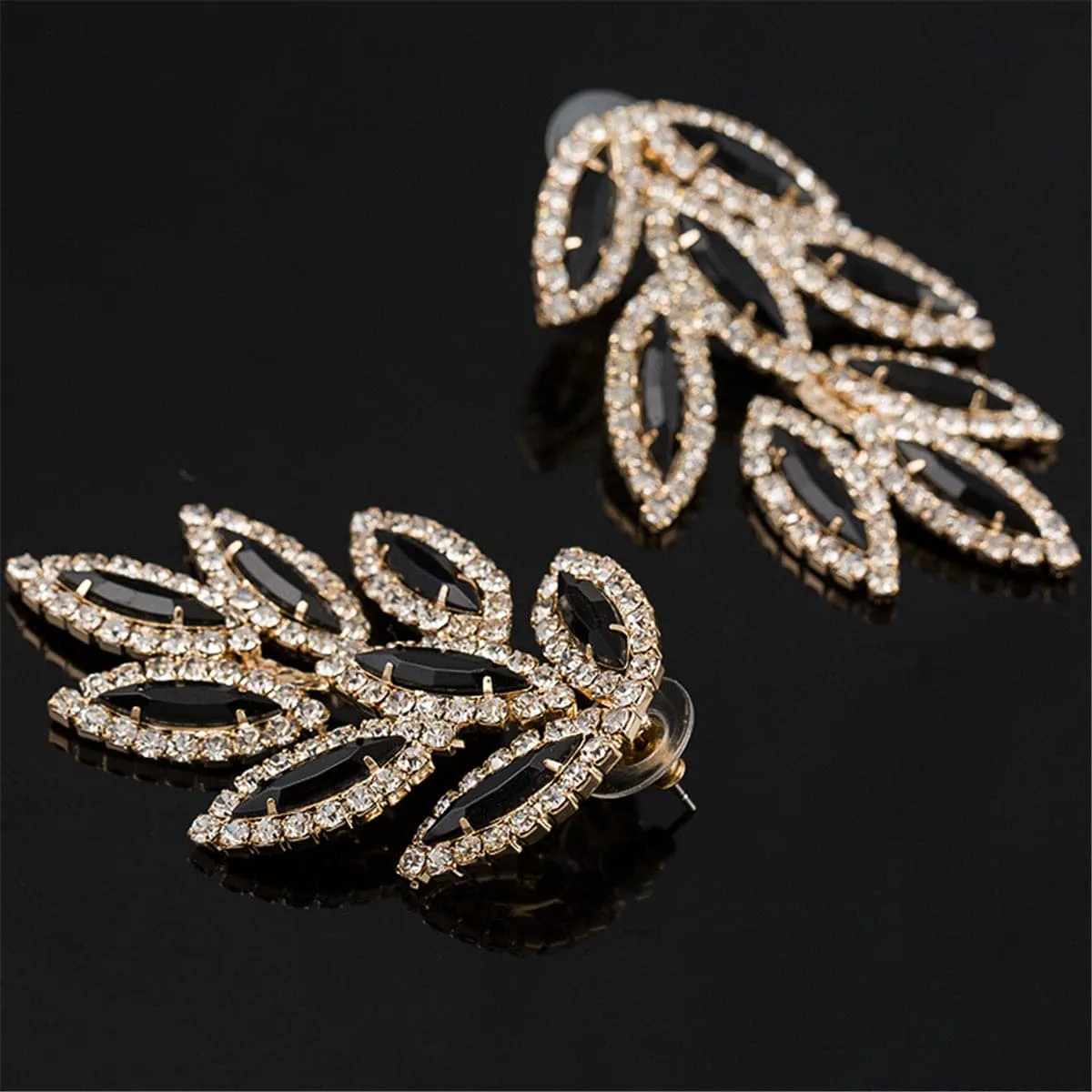 Black & Cubic Zirconia Leaves Drop Earrings