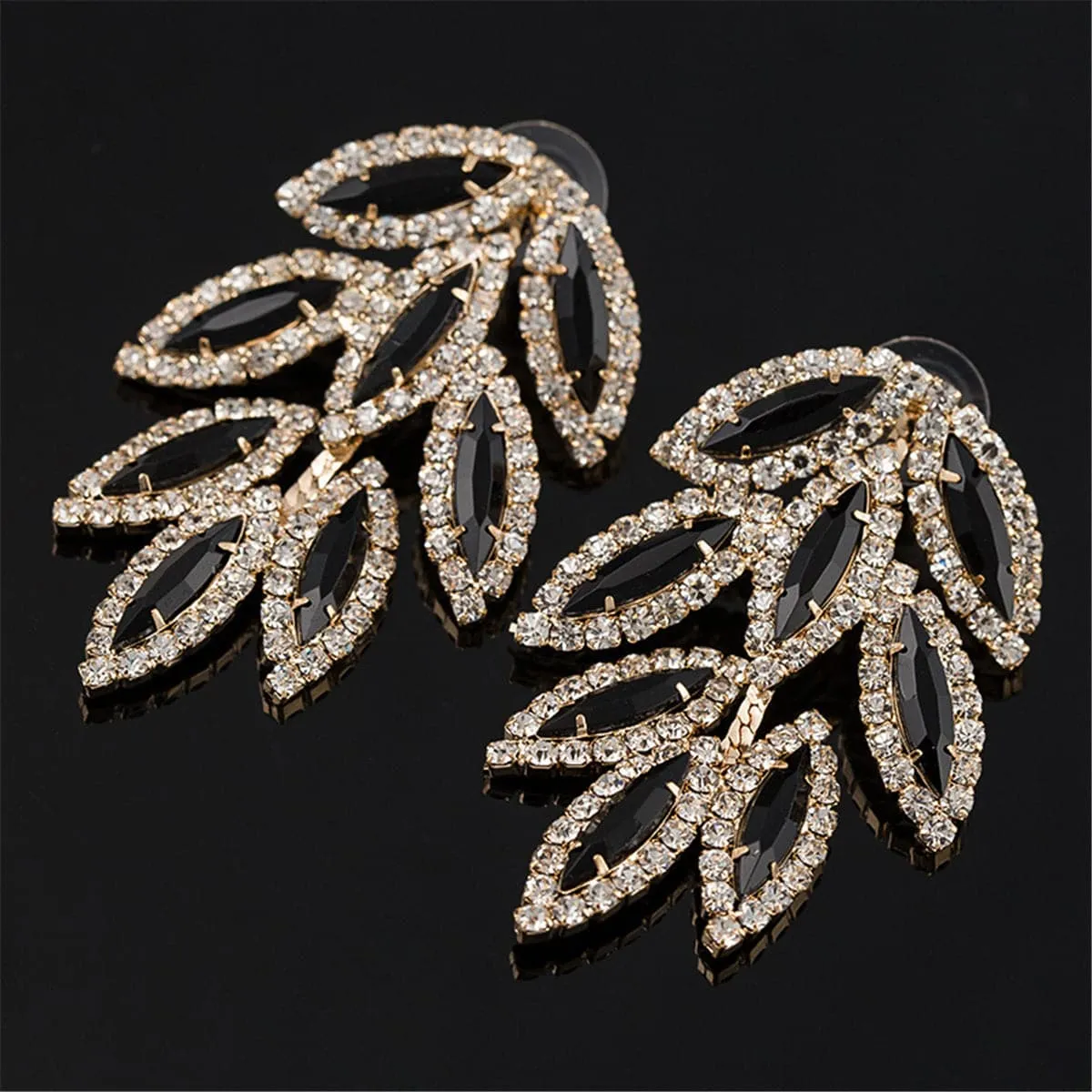 Black & Cubic Zirconia Leaves Drop Earrings