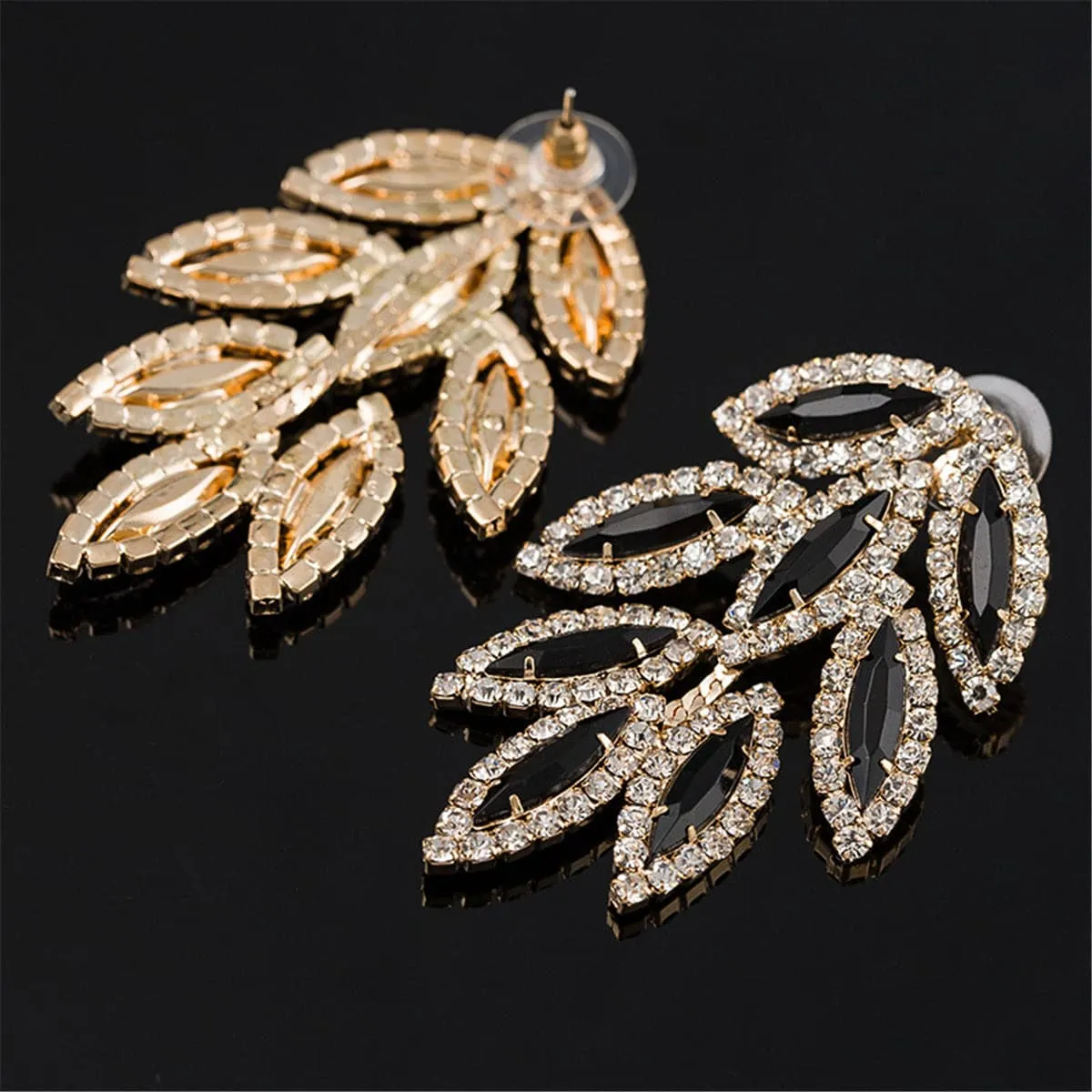 Black & Cubic Zirconia Leaves Drop Earrings