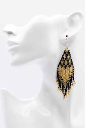 Black and Gold Beaded Tassel Earrings in Black and Gold Fringe