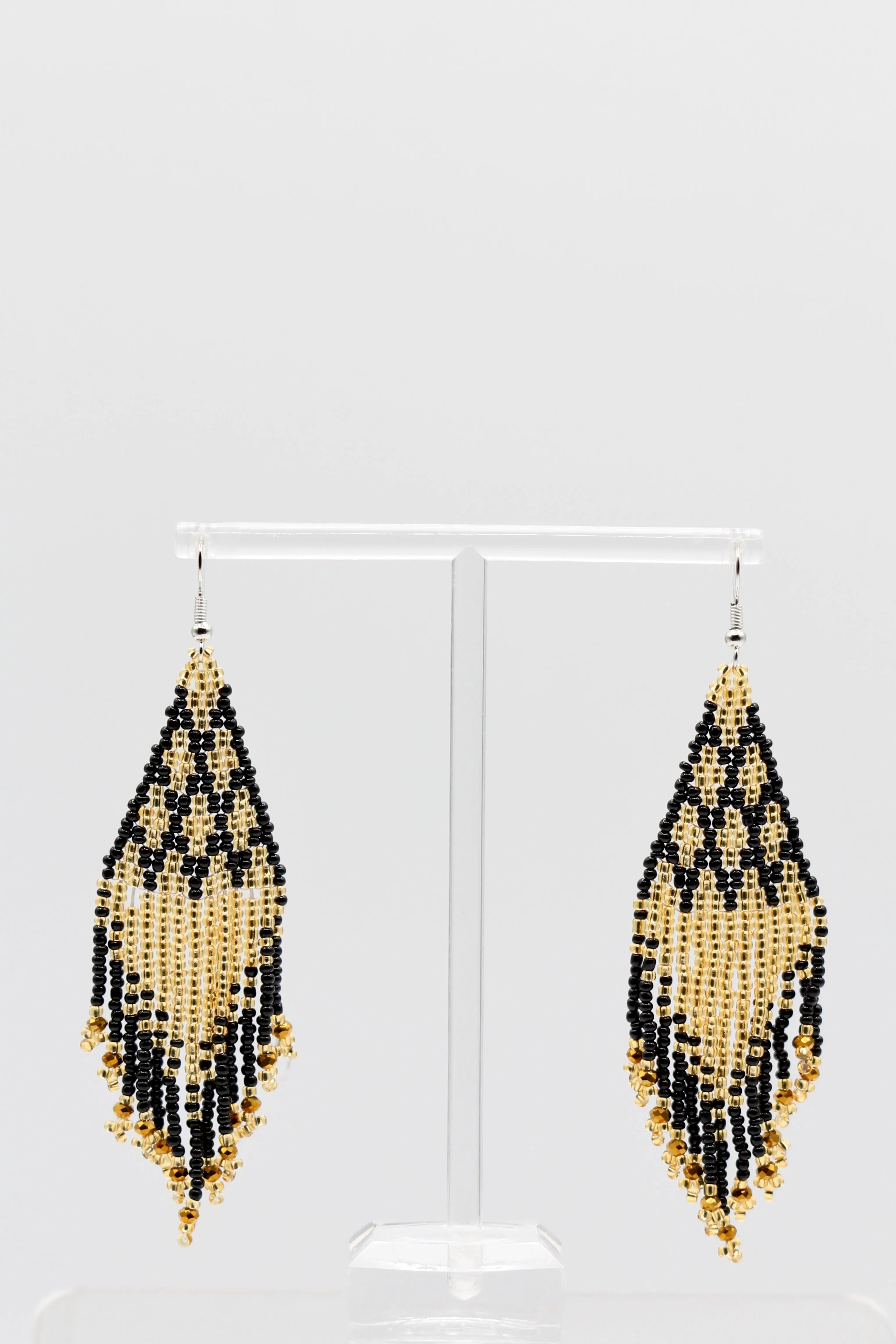 Black and Gold Beaded Tassel Earrings in Black and Gold Fringe