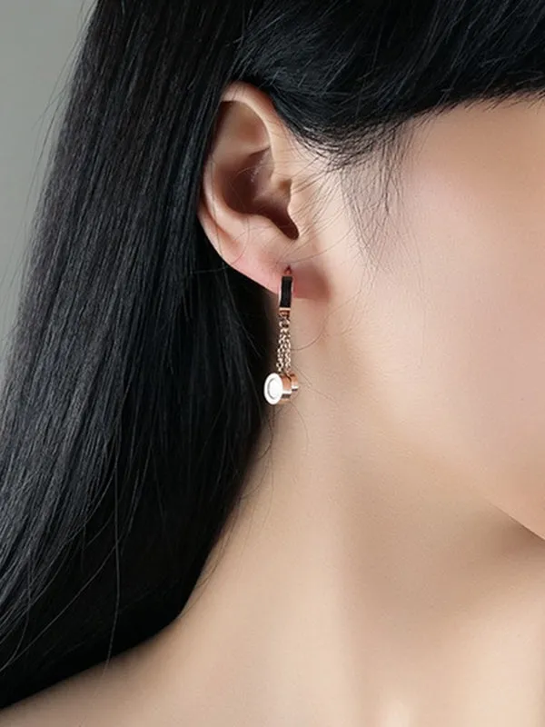 Black And White Double-sided Roman Numerals Tassel Long Rose Gold Titanium Steel Earrings