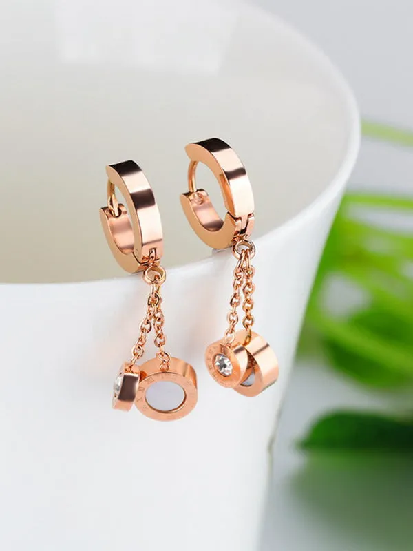 Black And White Double-sided Roman Numerals Tassel Long Rose Gold Titanium Steel Earrings