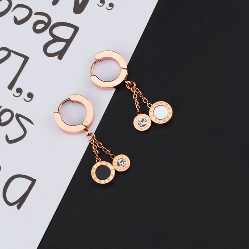 Black And White Double-sided Roman Numerals Tassel Long Rose Gold Titanium Steel Earrings