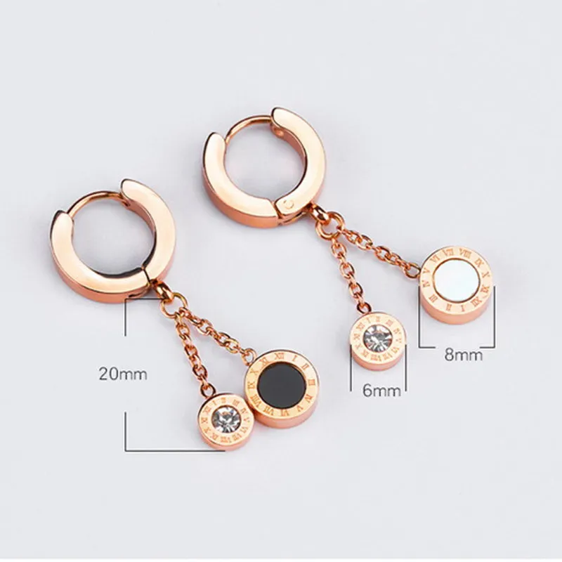 Black And White Double-sided Roman Numerals Tassel Long Rose Gold Titanium Steel Earrings
