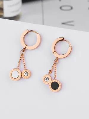 Black And White Double-sided Roman Numerals Tassel Long Rose Gold Titanium Steel Earrings
