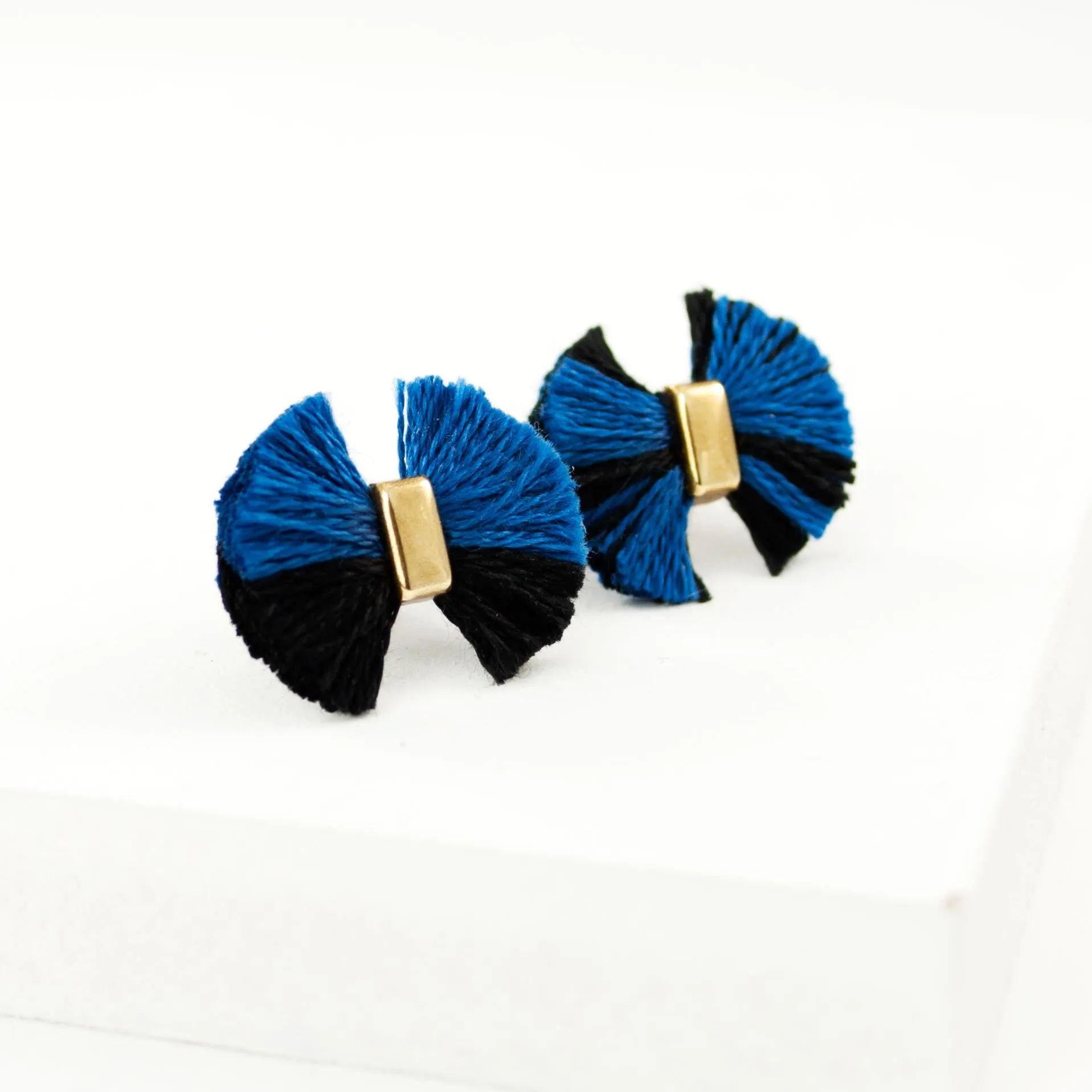 Black blue unique bow stud earrings | tassel bow studs