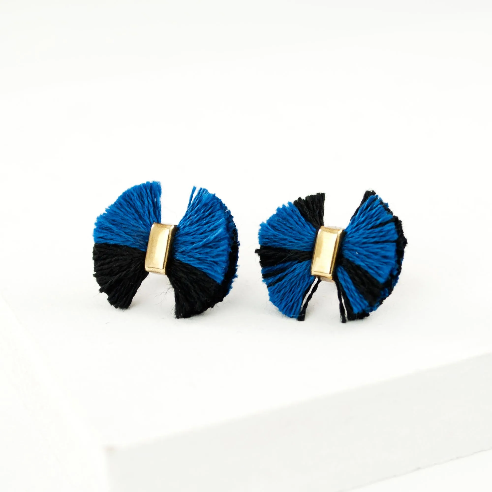 Black blue unique bow stud earrings | tassel bow studs