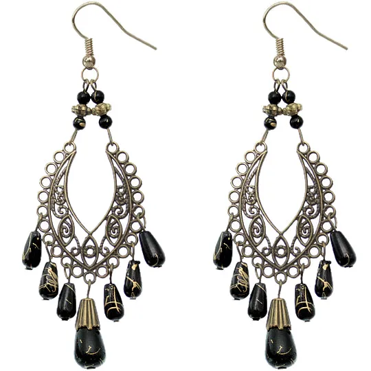 Black Bronze Beaded Filigree Drop Earrings