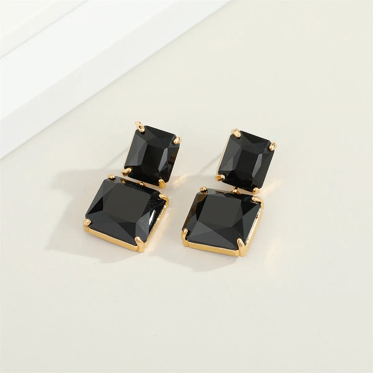 Black Crystal & 18K Gold-Plated Double-Cube Drop Earrings