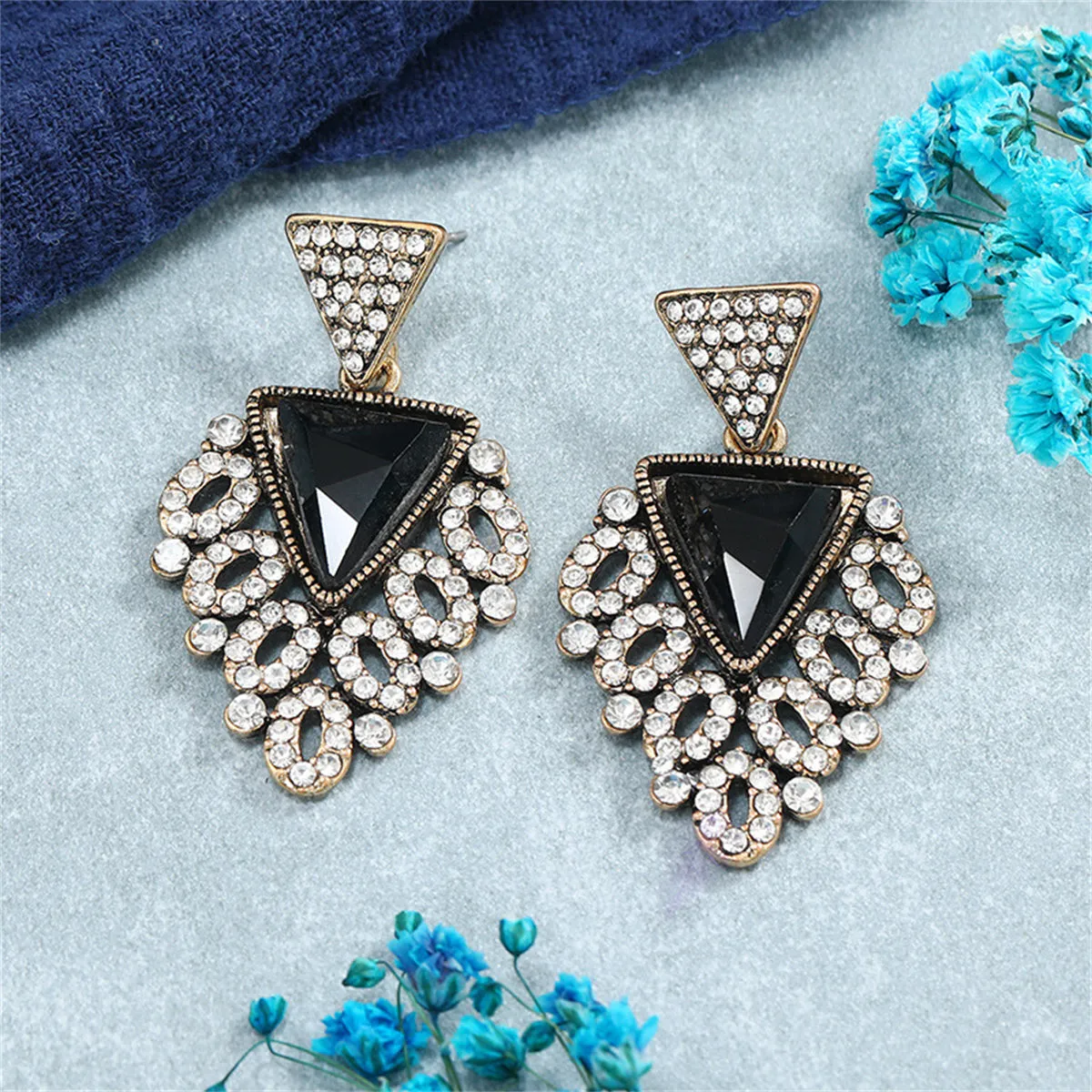 Black Crystal & Cubic Zirconia Triangle Drop Earrings